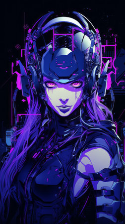 an anime girl with purple hair and headphonesの素材