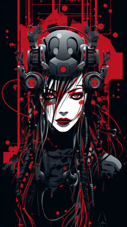 an illustration of a woman with headphones on her headの素材