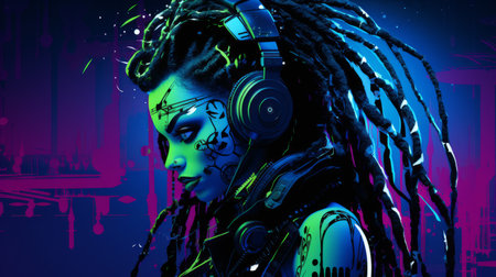 an illustration of a woman with dreadlocks and headphonesの素材