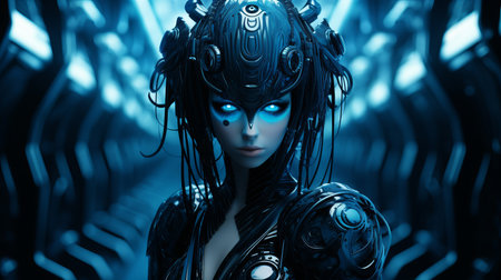 an image of a woman with blue eyes in a futuristic settingの素材