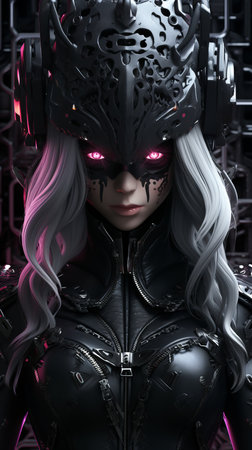 an image of a woman in black armor with pink eyesの素材