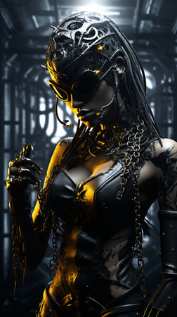an image of a woman in black and gold with chains around her neckの素材