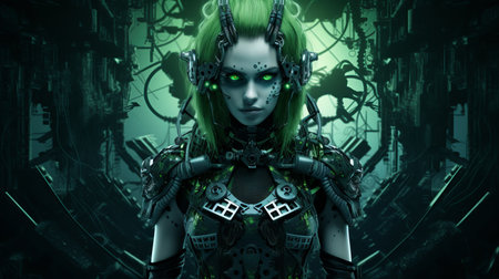 an image of a woman with green hair and green eyesの素材