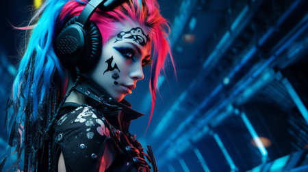 an image of a woman with colorful hair and headphonesの素材