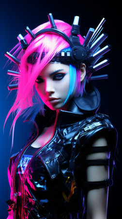an image of a woman with pink and blue hairの素材
