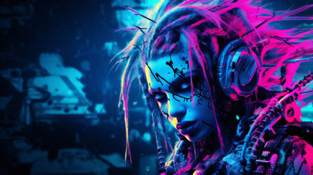 an image of a woman with neon hair and headphonesの素材
