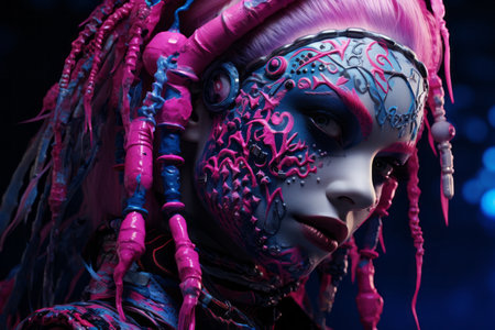 an image of a woman with pink and blue paint on her faceの素材