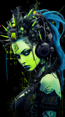 an image of a woman with neon hair and headphonesの素材