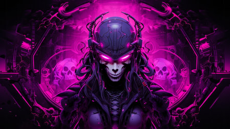 an image of a woman with purple eyes and a skull on her headの素材