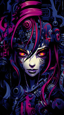 an image of a woman with purple hair and red eyesの素材