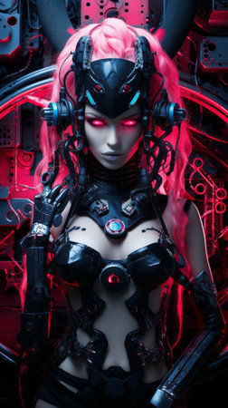 an image of a woman with pink hair and red eyesの素材