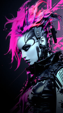 cyberpunk girl with pink hair on a black backgroundの素材
