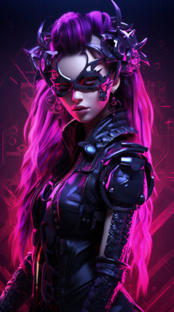 cyberpunk girl with purple hair and black armorの素材