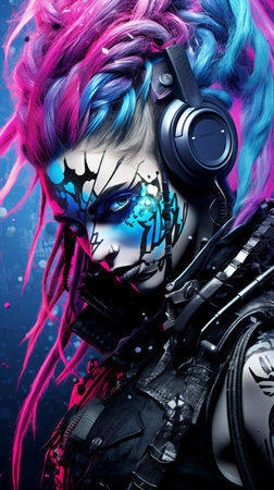 an image of a woman with pink and blue hairの素材