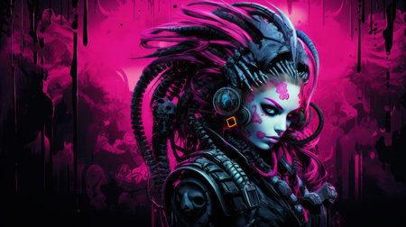 an image of a woman with purple hair and pink paint on her faceの素材