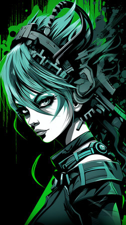 anime girl with green hair and black and green paint on her faceの素材
