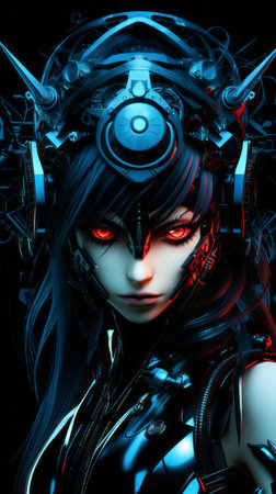 an image of a woman with red eyes and dark hairの素材