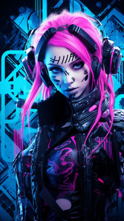 an image of a woman with pink hair and headphonesの素材