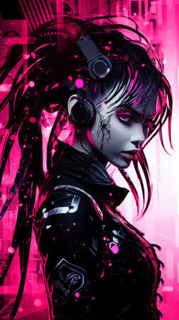 cyberpunk girl with pink hair and headphonesの素材