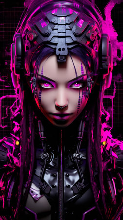 cyberpunk girl with purple eyes and headphonesの素材