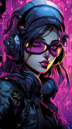 cyberpunk girl with headphones and glasses on a purple backgroundの素材