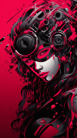 digital illustration of a woman with headphones on her headの素材