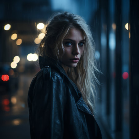 a beautiful blonde woman in a black leather jacket standing in the rainの素材