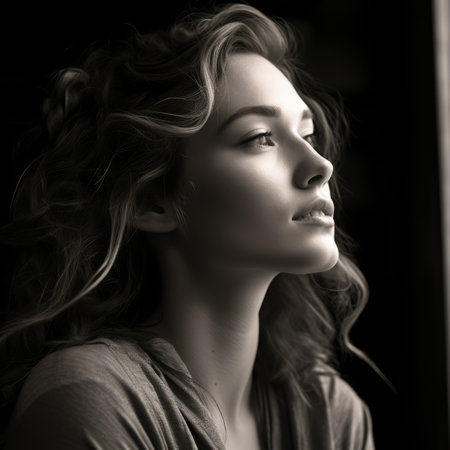 a black and white photo of a woman looking out the windowの素材
