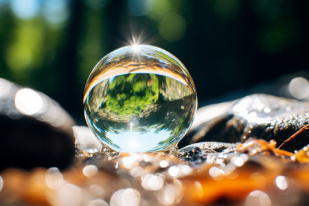 a glass ball sitting on the ground with a tree in the backgroundの素材