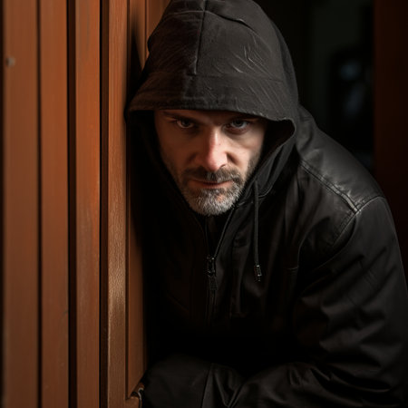 a man in a hooded jacket leaning against a wallの素材