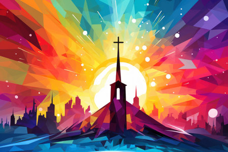 a colorful painting of a church with a cross on topの素材