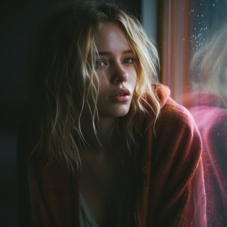 a beautiful blonde woman is looking out the windowの素材
