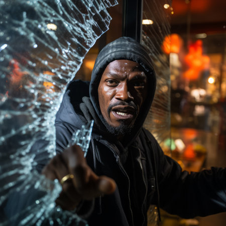 a man in a hoodie standing in front of a broken windowの素材