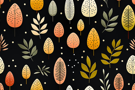 a seamless pattern of leaves and dots on a black backgroundの素材