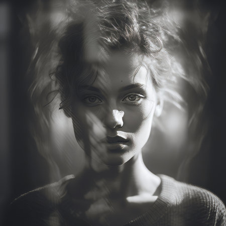 a black and white photo of a woman with smoke coming out of her eyesの素材