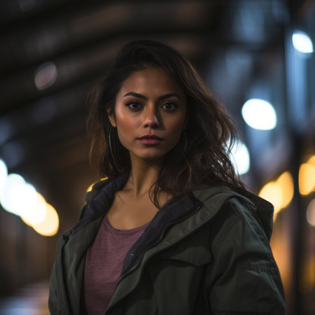 a beautiful young woman standing in a tunnel at nightの素材
