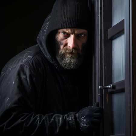 a man with a beard and a black hoodie is standing in front of a doorの素材