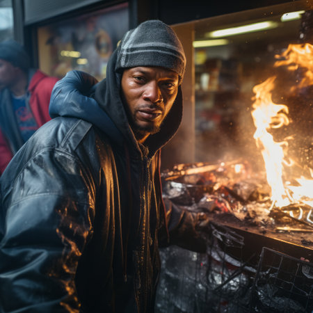 a man standing in front of a fireの素材