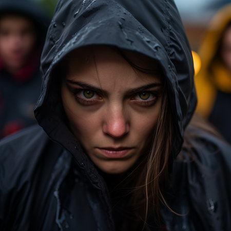 a woman in a black hoodie standing in front of a group of peopleの素材