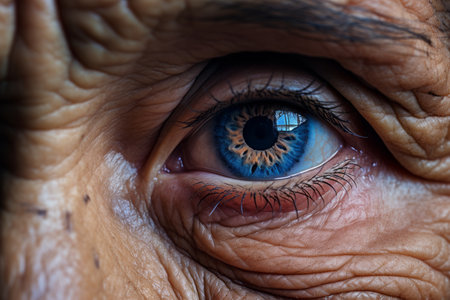 a close up of an old womans eyeの素材
