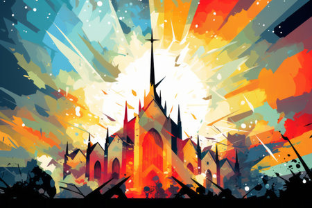 a colorful painting of a church with a cross on topの素材