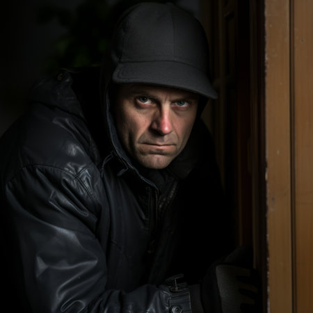 a man in a black jacket and hat leaning against a doorの素材