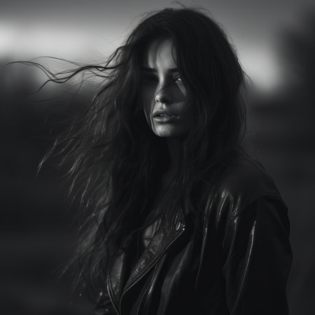 a black and white photo of a woman with long hairの素材