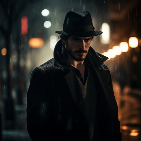 a man in a hat and coat standing in the rainの素材