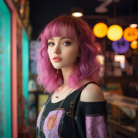 a girl with pink hair standing in front of a storeの素材