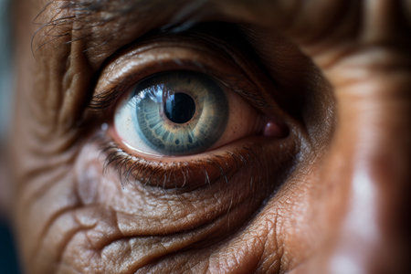 a close up of an old mans eyeの素材