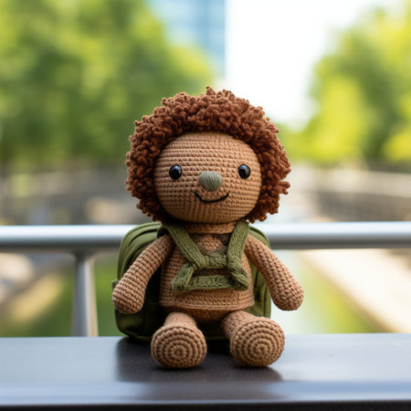 a crocheted stuffed animal sitting on top of a ledgeの素材