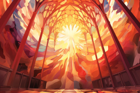 a painting of an archway with a sun shining through itの素材