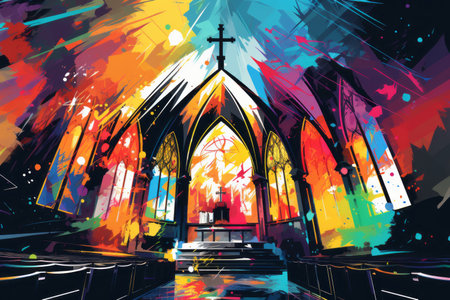 a painting of a church with colorful paint splattersの素材