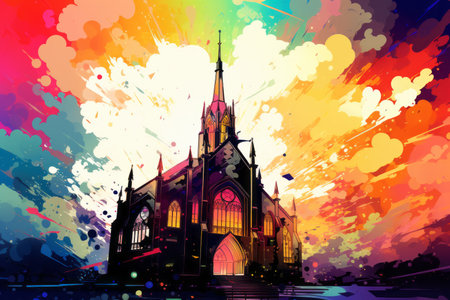 an artistic painting of a church in front of colorful paint splattersの素材